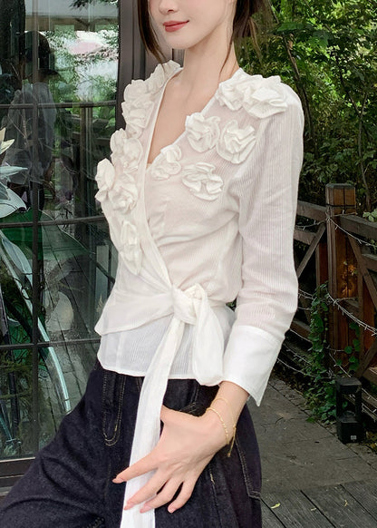 Slim Fit White V Neck Lace Up Cotton T Shirt Fall