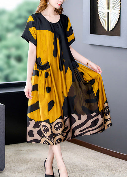 Organic Yellow O-neck Print Silk Long Dresses Summer