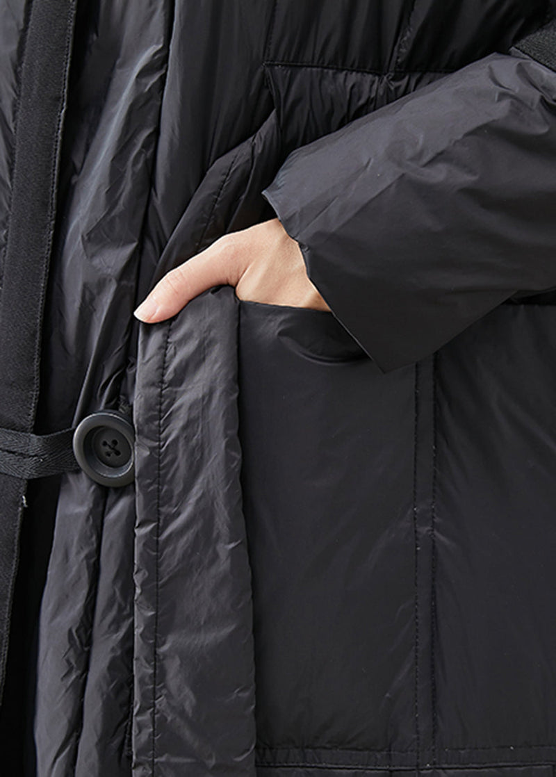 Black Oversized Tie Waist Duck Down Down Coats Winter