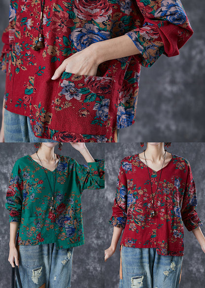 Red Print Linen Blouse Top Asymmetrical Design Fall