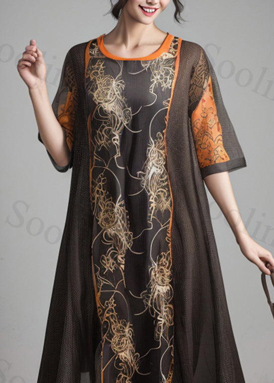 Black O Neck Print Silk Dress Summer