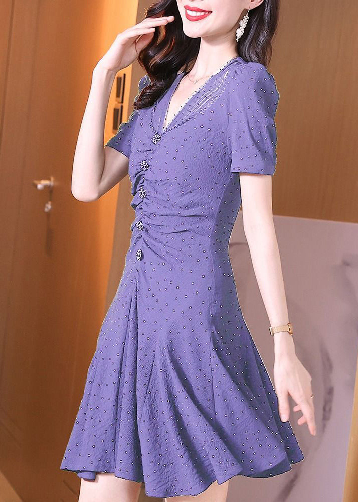 Purple V Neck Ruffled Chiffon Dress Summer
