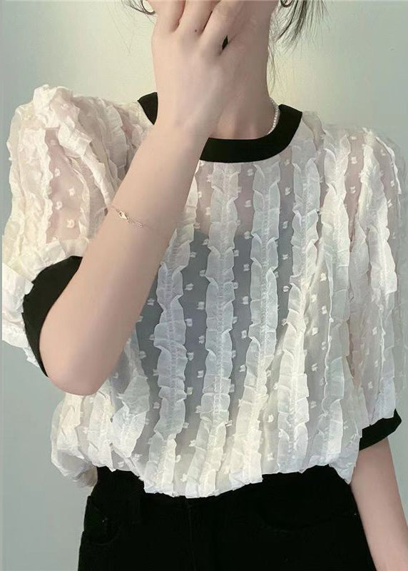 Apricot O-neck Ruffled Patchwork Chiffon Shirt Summer