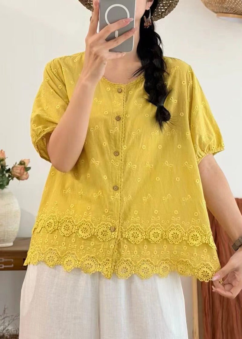 Yellow Embroidered Cotton Blouses Summer
