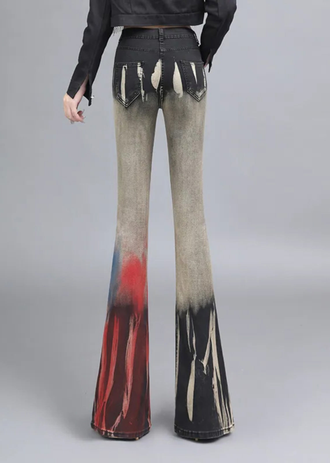 Asymmetrical Tie Dye Denim Bell-bottom Trousers Spring