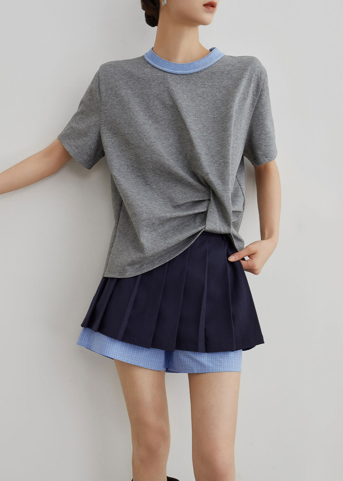 French Grey O-neck Patchwork T Shirts and Navy Pants Skirt Cotton Two Piece Set Summer