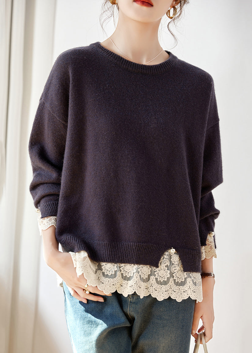 Deep Purple Lace Patchwork Cotton Knit Sweaters Fall