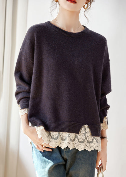 Deep Purple Lace Patchwork Cotton Knit Sweaters Fall