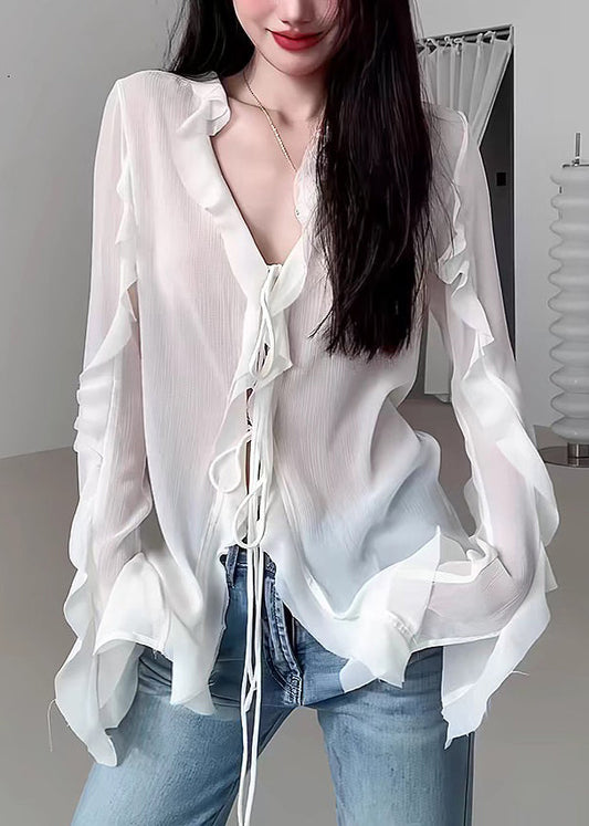 Natural White V Neck Ruffled Chiffon Shirt Fall