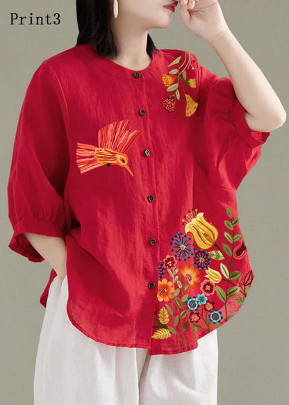 Art White Flowers O-neck Button Linen Loose Shirt Top Lantern Sleeve