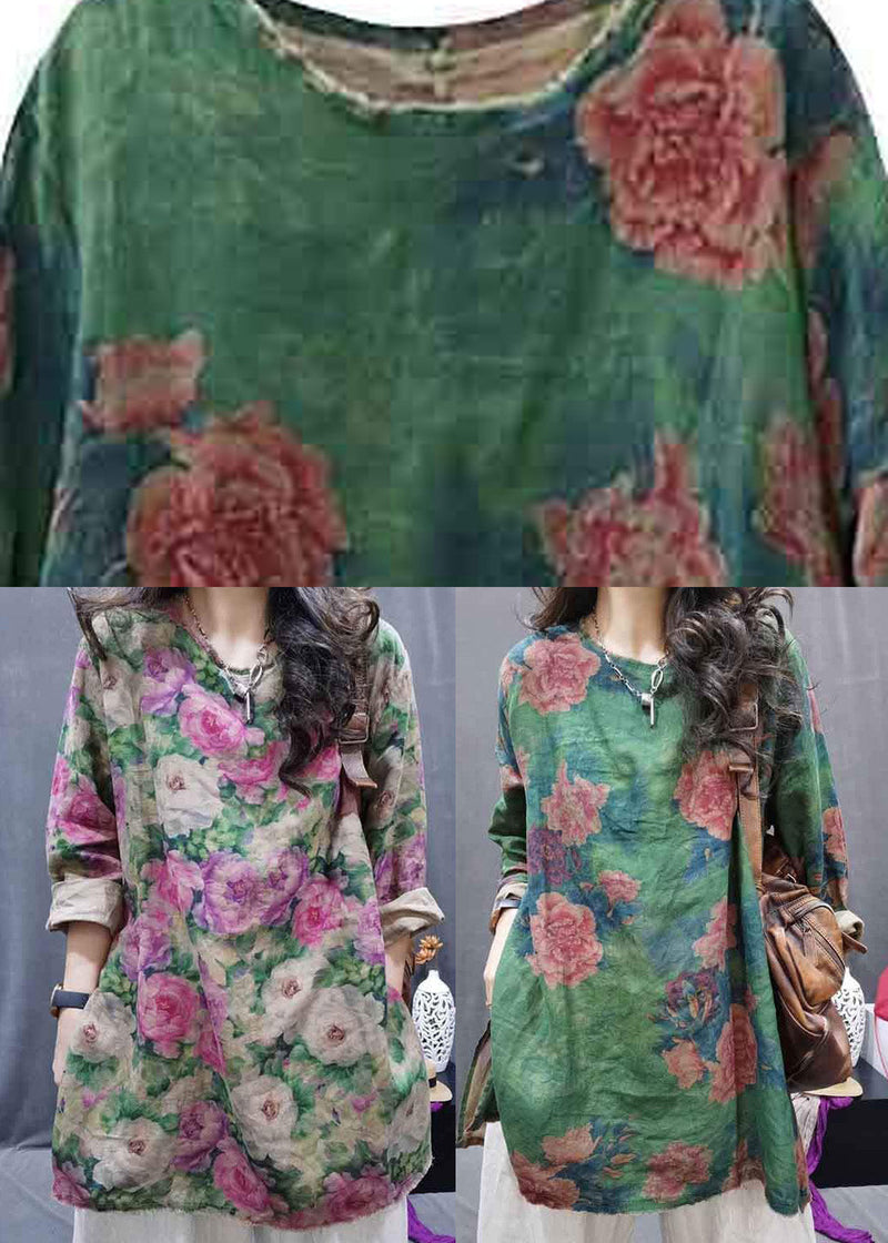 Green O-neck Patchwork Linen Shirts Fall