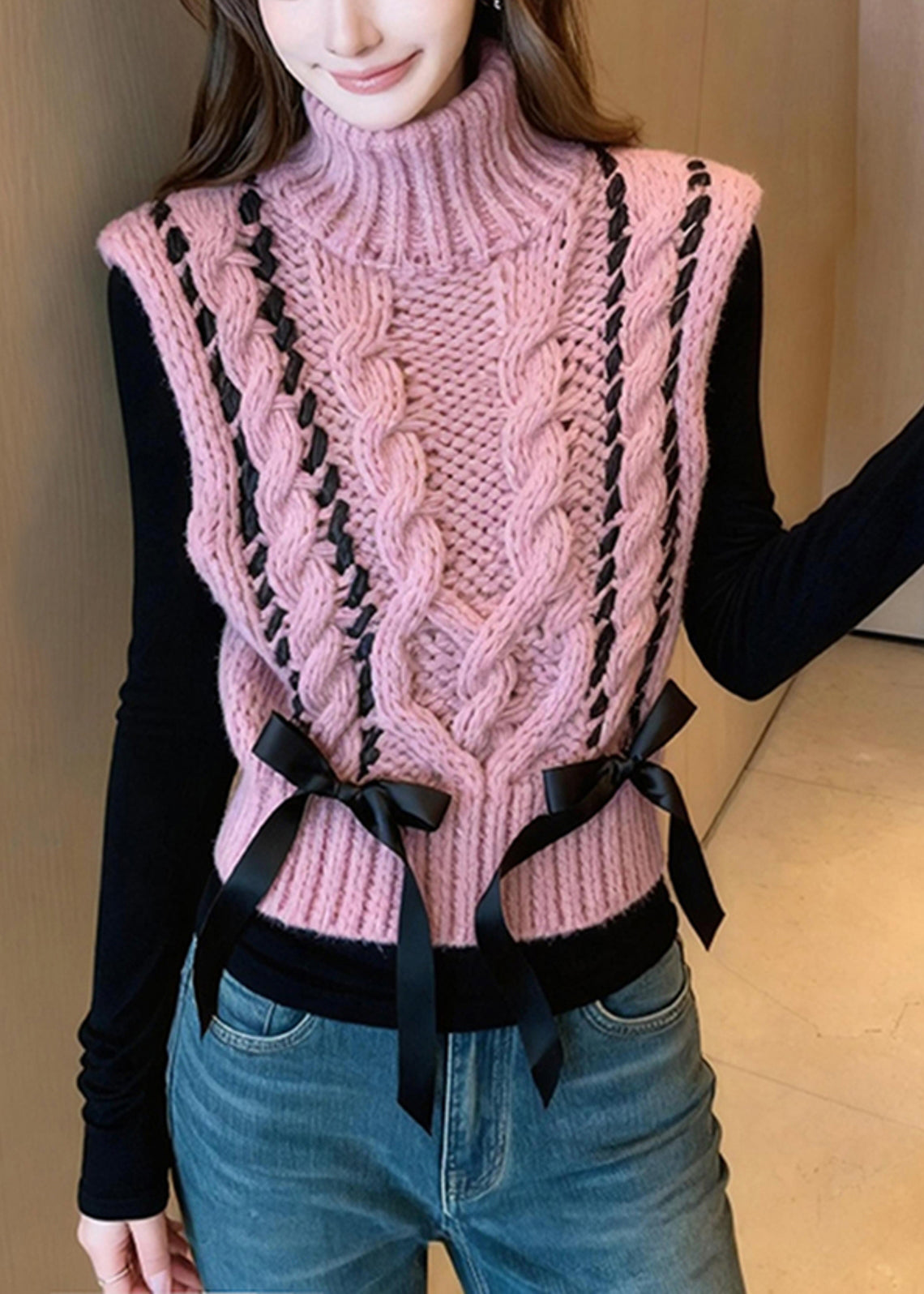 Pink Turtle Neck Bow Warm Knit Vest Spring