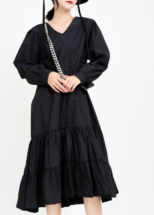 Handmade Black V Neck Patchwork Ruffles Drawstring Fall Maxi Dresses Long Sleeve