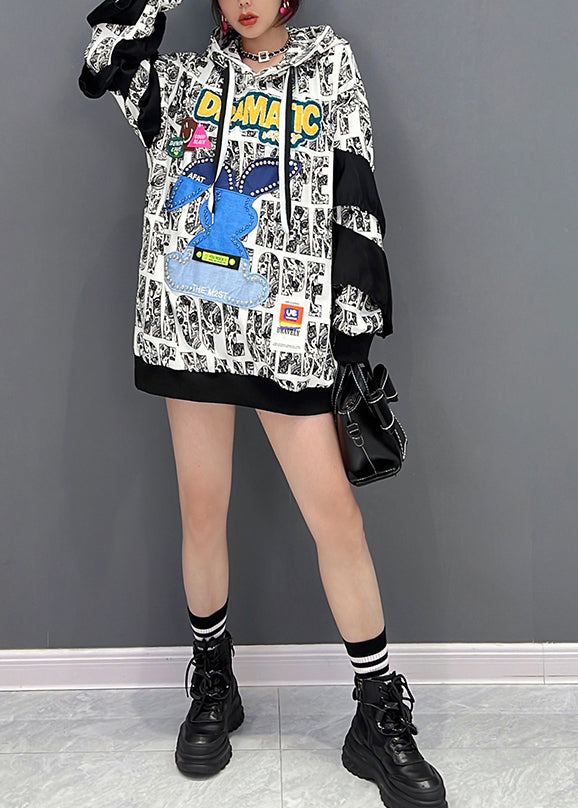 White Alphabet Print Nail Bead Hooded Sweatshirts Long Sleeve