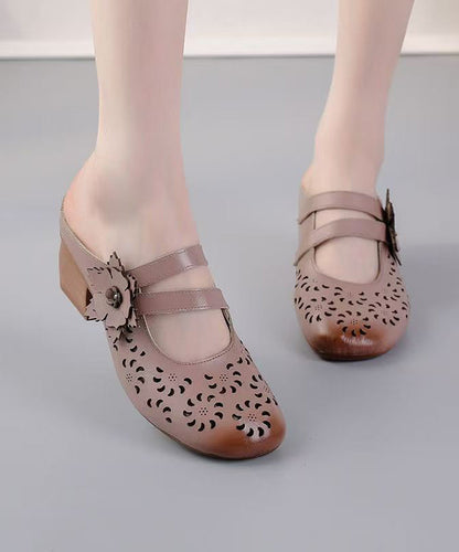 Cowhide Leather Splicing Brown Slide Sandals Hollow Out
