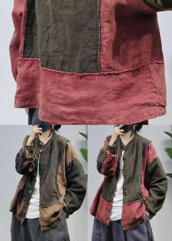 Reddish Black Retro Cotton Shirt Tops Stand Collar Long Sleeve Spring
