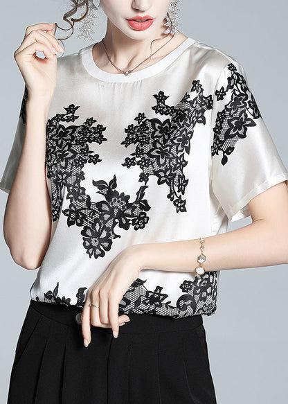 White O-neck Print T Shirt Short Sleeve
