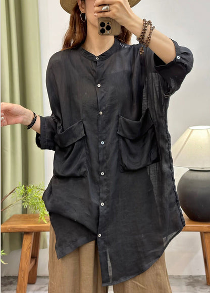 Black Oversized Pockets Cotton Long Shirt Summer