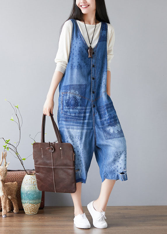 Handmade Light Blue Pockets V Neck Print Jumpsuit Spring