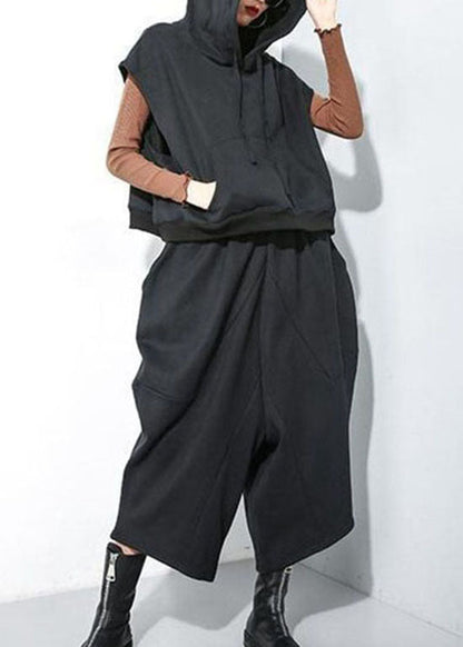 Black Pockets Warm Fleece Two Pieces Set Drawstring Sleeveless Waistcoat