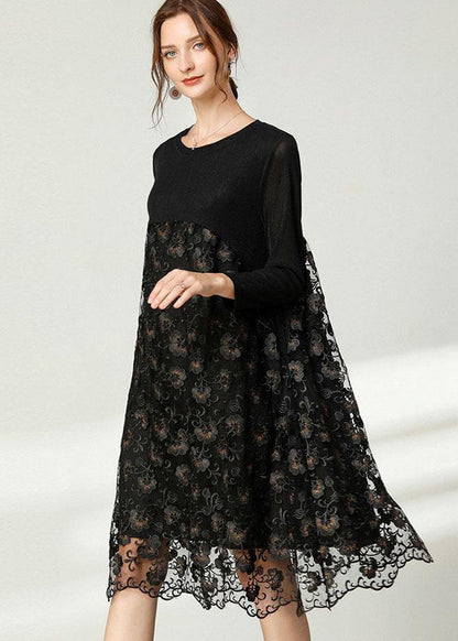 Black Lace Patchwork Fall Dress Long Sleeve