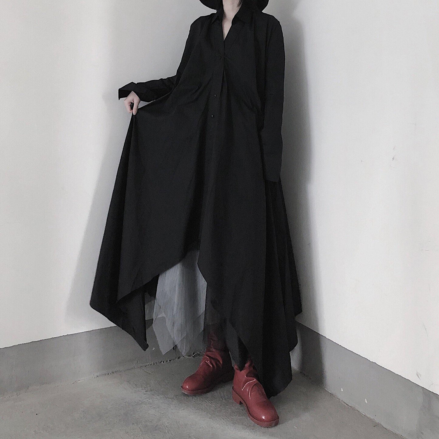 Black Tunic Pattern V Neck Asymmetric Robe Spring Dress