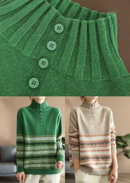 Handmade Khaki Turtle Neck Thick Knitted Sweaters Long Sleeve
