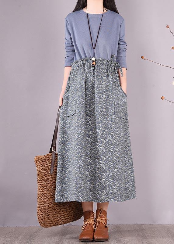 O Neck Spring Wardrobes Sewing Blue Patchwork Print Art Dresses