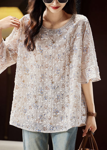 Light Coffee O-neck Embroidered Shirts Butterfly Sleeve