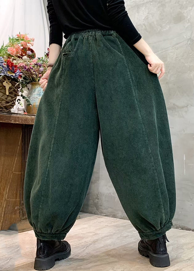 Blackish Green Elastic Waist Tie Waist Corduroy Lantern Pants Spring