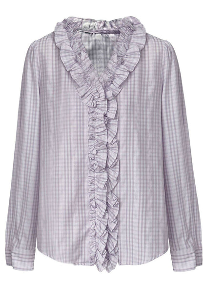 Fine Light Purple Ruffled Plaid Cotton Blouse Top Spring