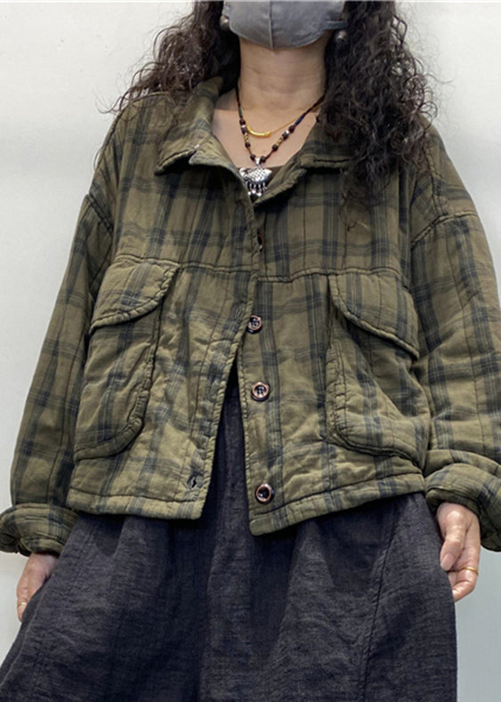 Green Plaid Button Patchwork Cotton Filled Coat Long Sleeve Fall