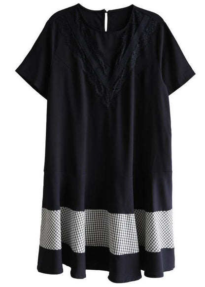 French Navy O-neck Patchwork Plaid Summer Vacation Dresses Short Sleeve