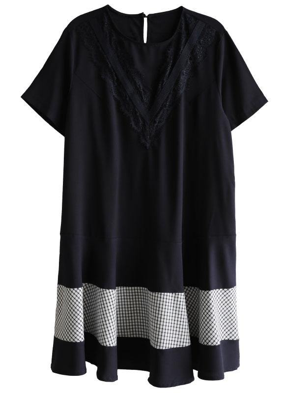 French Navy O-neck Patchwork Plaid Summer Vacation Dresses Short Sleeve