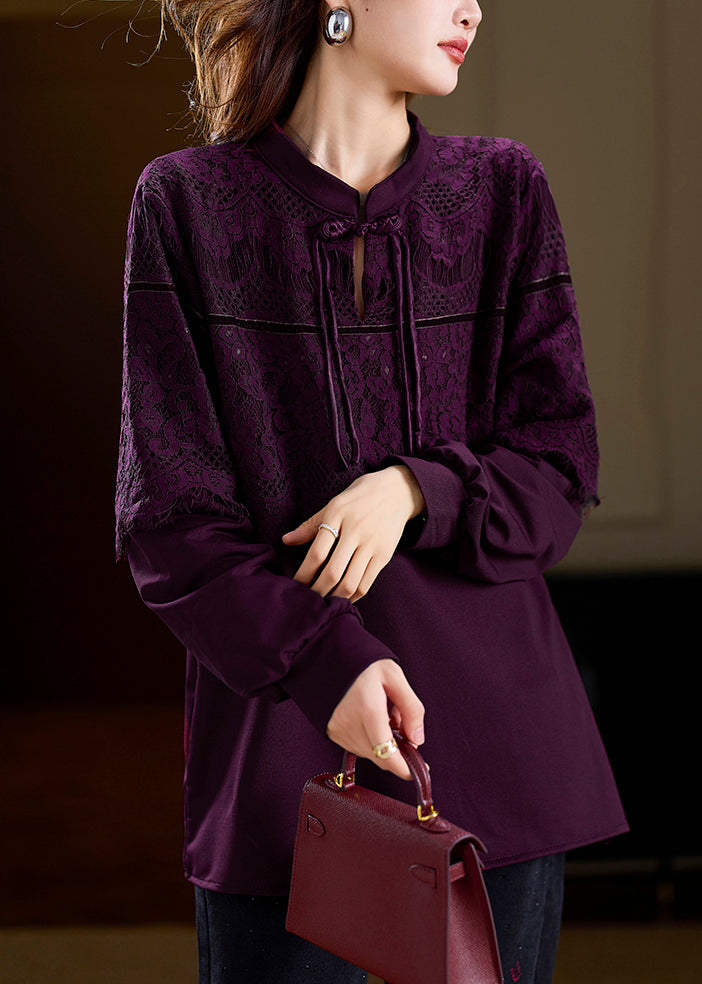 Purple Chinese Button Patchwork Lace T Shirts Spring