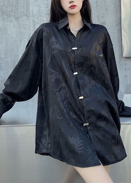 Black Oversized Jacquard Silk Shirt Tops Fall