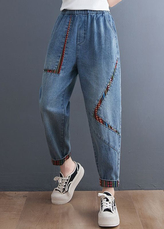 Blue Pockets Patchwork Denim Harem Pants Summer