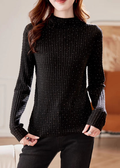 Handmade Black Turtleneck Zircon Knit Sweater Spring