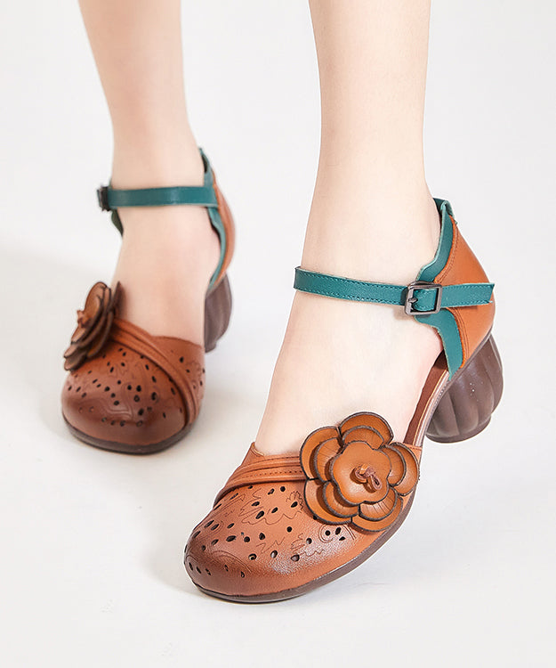 Hollow Out Chunky Heel Buckle Strap Brown Cowhide Leather