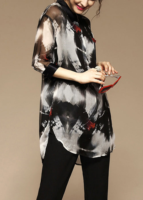 Stylish Peter Pan Collar Print Pockets Blouse Bracelet Sleeve Fall