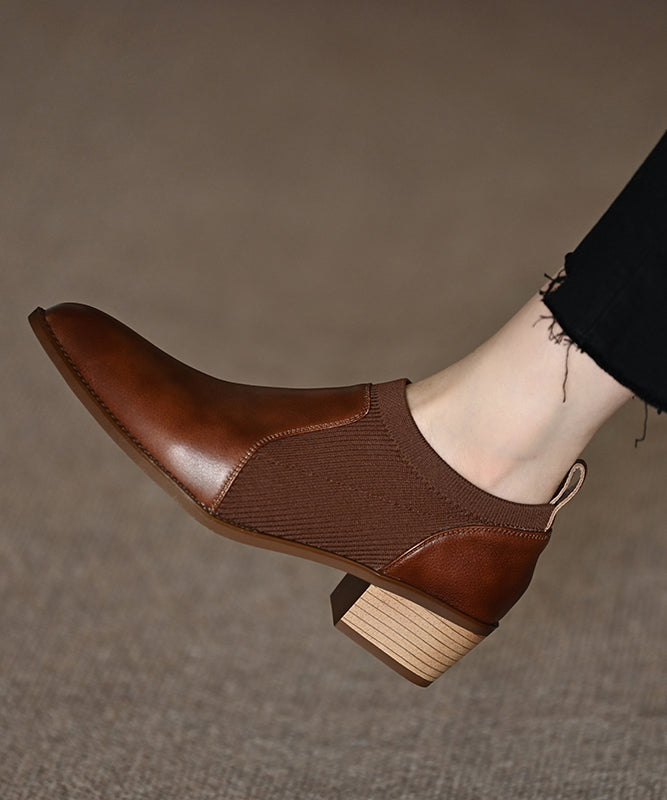 Cowhide Leather Splicing Brown Penny Chunky Loafers Pointed Toe