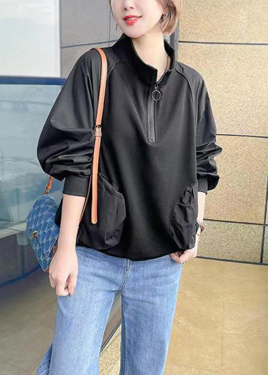 Coffee Zip Up Pockets Patchwork Cotton Sweatshirts Fall