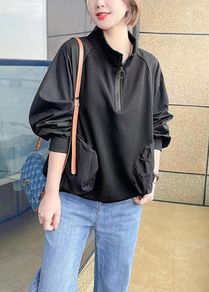 Coffee Zip Up Pockets Patchwork Cotton Sweatshirts Fall