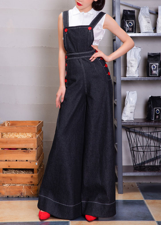 Navy Button Denim Strap Wide Leg Jumpsuit Fall