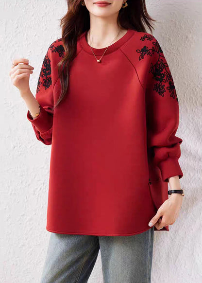 Red O Neck Print Cotton Sweatshirts Fall