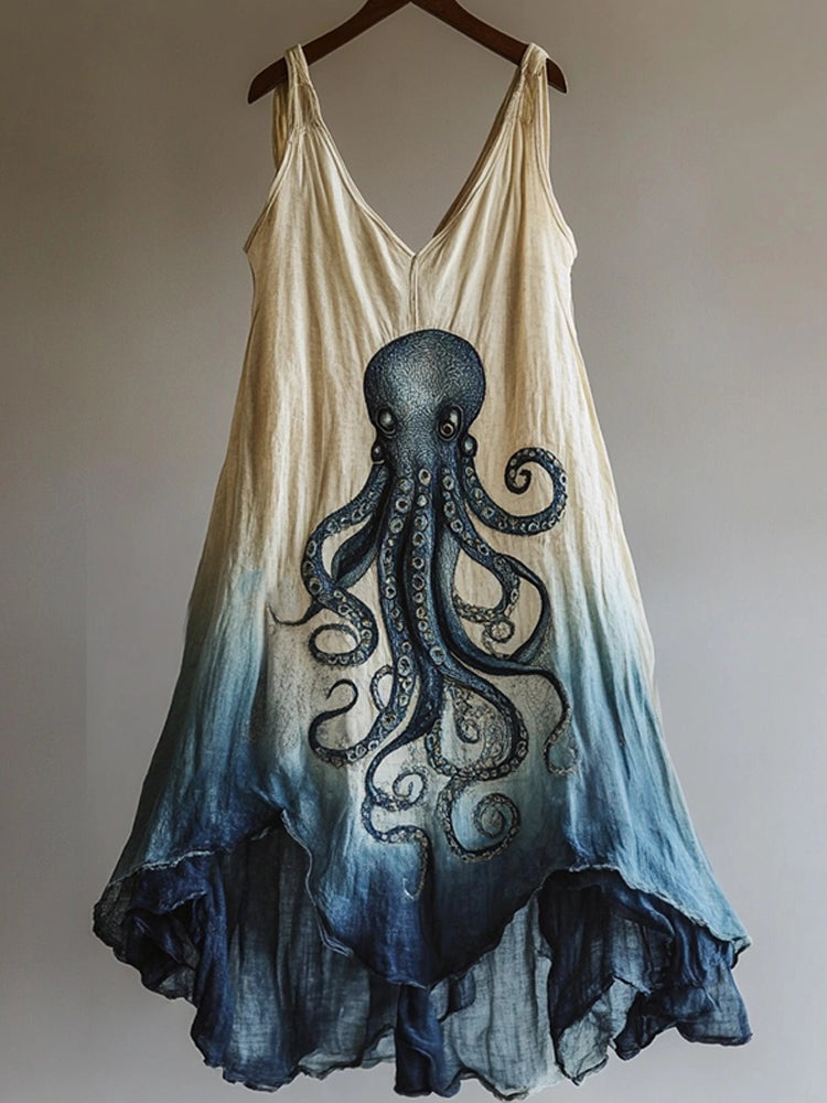 Octopus Pattern Tie-dye Art Linen Blend Dress artswardrobe