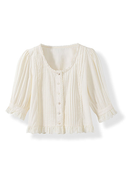 White Wrinkled Lace Patchwork Cotton Top Summer