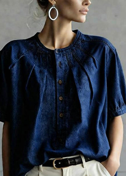 Navy O Neck Button Wrinkled Denim Top Summer
