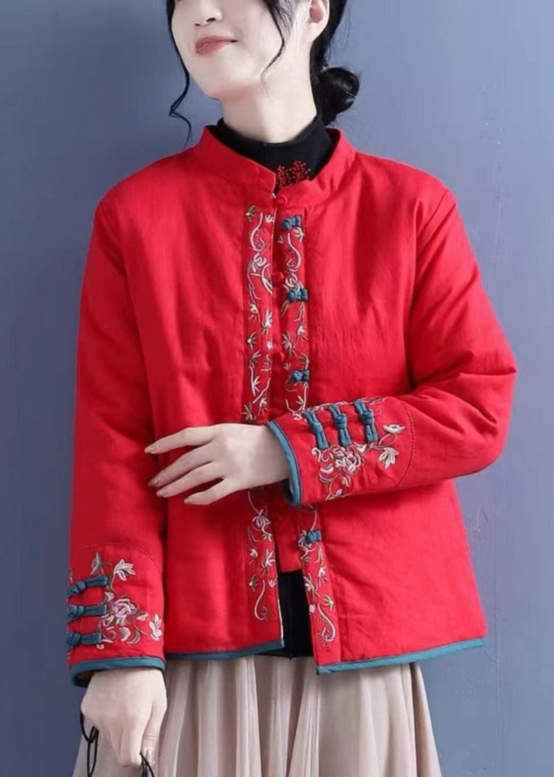 Orange Embroidered Button Cotton Filled Coats Winter
