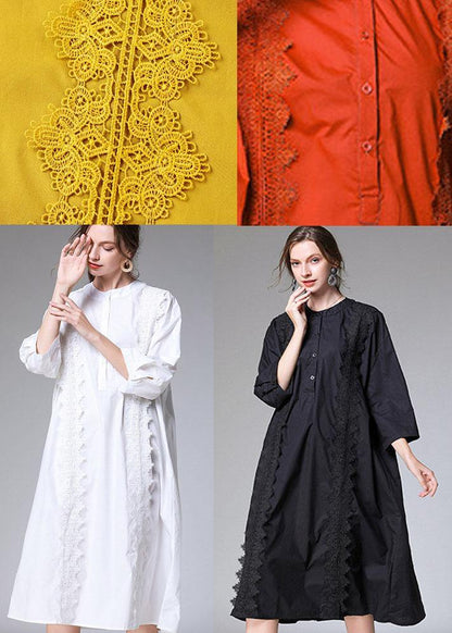Modern Orange Embroideried Patchwork Fall Cotton Vacation Dress Three Quarter Sleeve